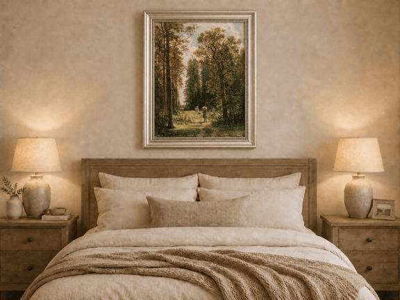 Framed hand-painted forest path oil painting with figures beneath autumn trees displayed above a wooden bed in a neutral bedroom.