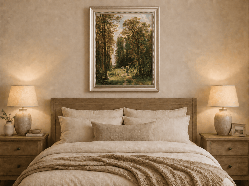 Framed hand-painted forest path oil painting with figures beneath autumn trees displayed above a wooden bed in a neutral bedroom.