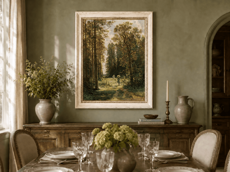 Framed hand-painted forest path oil painting with figures beneath autumn trees displayed above a formal dining table.