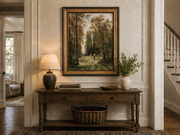 Framed hand-painted forest path oil painting with figures beneath autumn trees displayed above an entryway console table.
