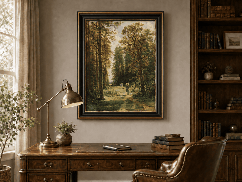 Framed hand-painted forest path oil painting with figures beneath autumn trees displayed above a traditional home office desk.
