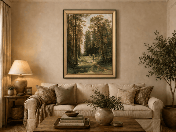 Framed hand-painted forest path oil painting with figures beneath autumn trees displayed above a neutral living room sofa.