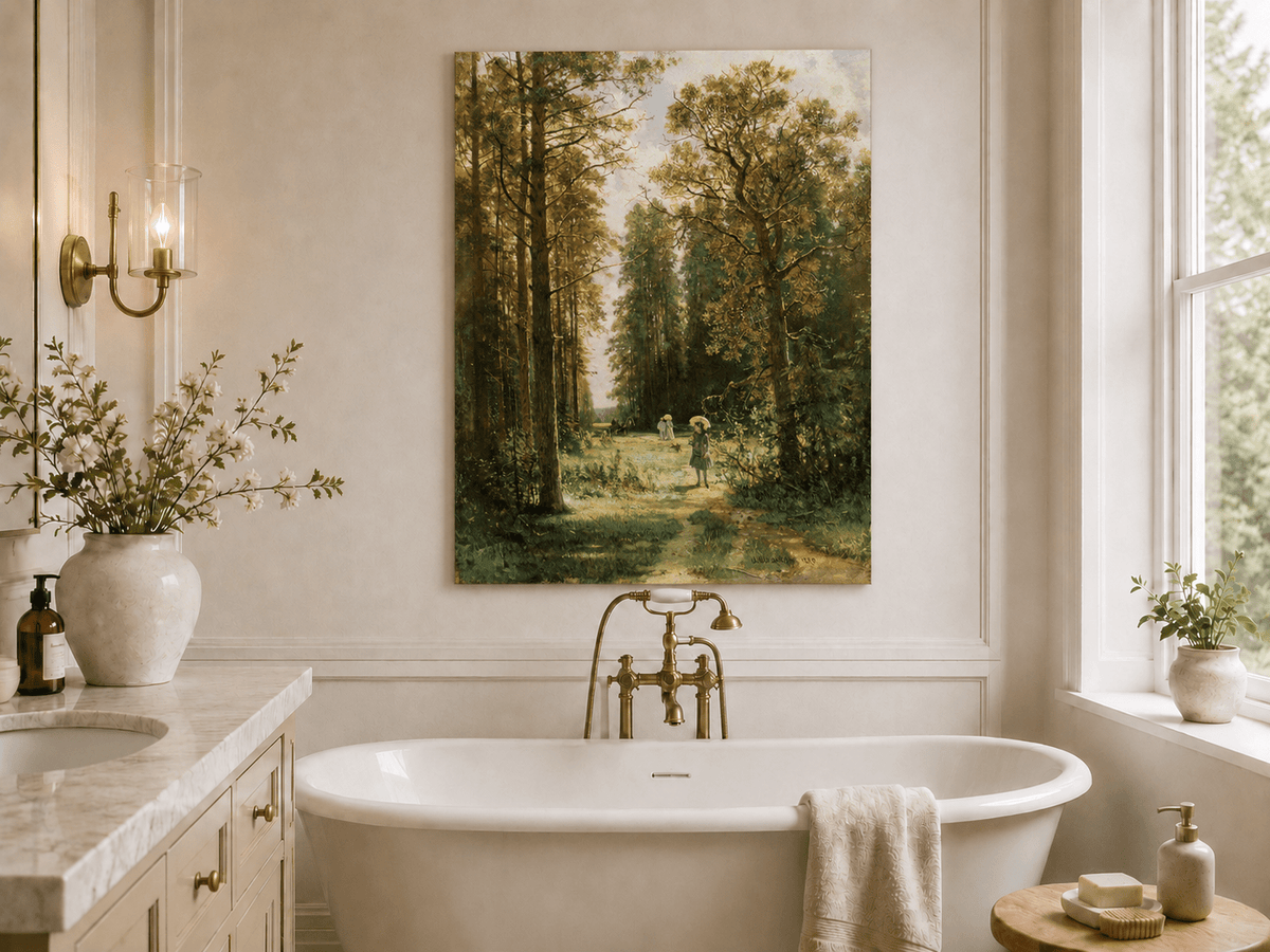 Unframed hand-painted forest path oil painting with figures beneath autumn trees displayed above a freestanding bathtub.