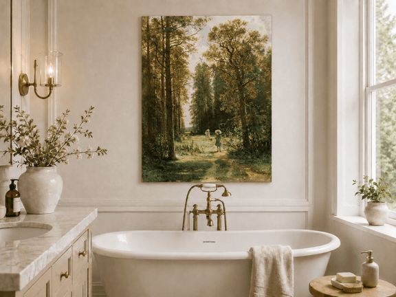Unframed hand-painted forest path oil painting with figures beneath autumn trees displayed above a freestanding bathtub.