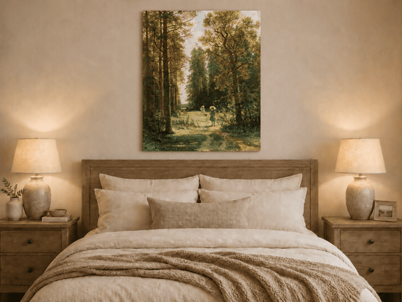 Unframed hand-painted forest path oil painting with figures beneath autumn trees displayed above a wooden bed in a neutral bedroom.