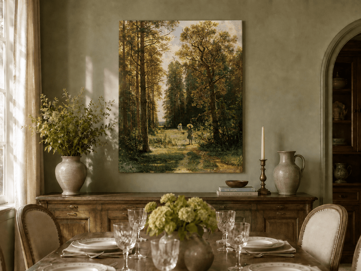 Unframed hand-painted forest path oil painting with figures beneath autumn trees displayed above a formal dining table.