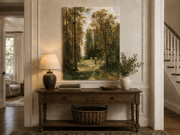 Unframed hand-painted forest path oil painting with figures beneath autumn trees displayed above an entryway console table.