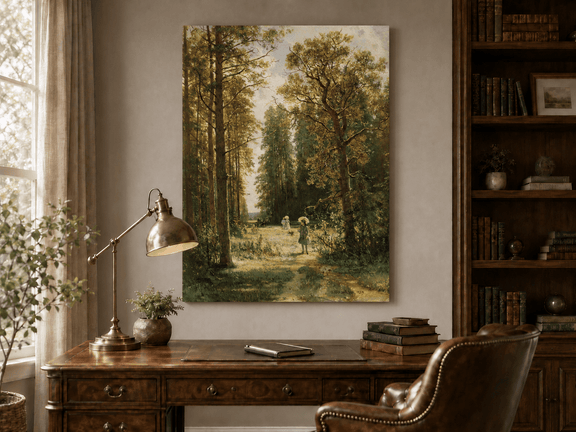 Unframed hand-painted forest path oil painting with figures beneath autumn trees displayed above a traditional home office desk.