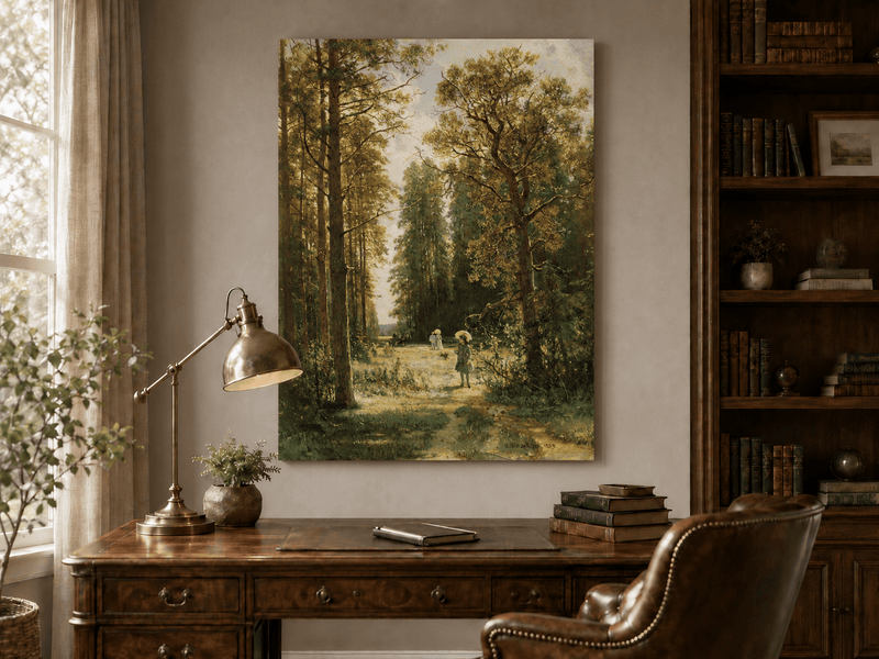 Unframed hand-painted forest path oil painting with figures beneath autumn trees displayed above a traditional home office desk.