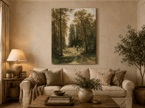 Unframed hand-painted forest path oil painting with figures beneath autumn trees displayed above a neutral living room sofa.