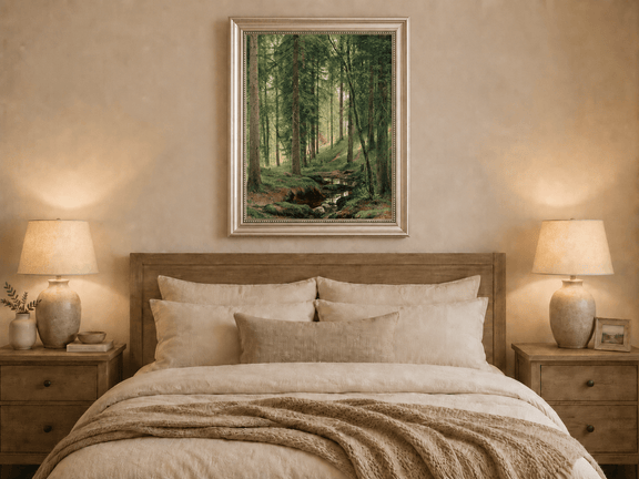 Framed hand-painted forest path oil painting with a quiet stream and fallen woodland logs displayed above a wooden bed in a neutral bedroom.