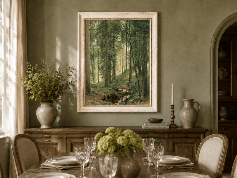 Framed hand-painted forest path oil painting with a quiet stream and fallen woodland logs displayed above a formal dining table.