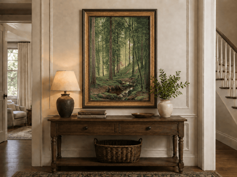 Framed hand-painted forest path oil painting with a quiet stream and fallen woodland logs displayed above an entryway console table.