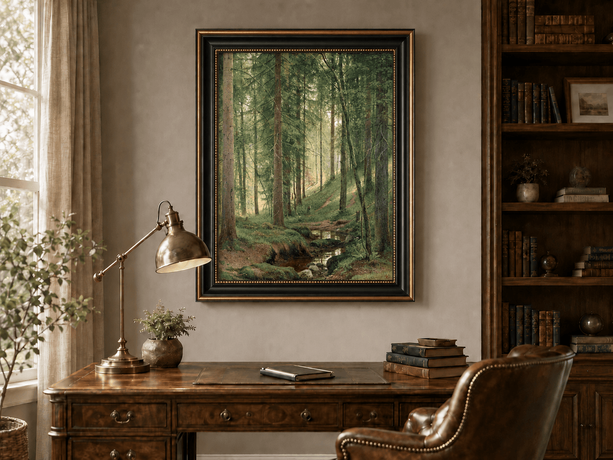 Framed hand-painted forest path oil painting with a quiet stream and fallen woodland logs displayed above a traditional home office desk.