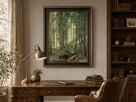 Framed hand-painted forest path oil painting with a quiet stream and fallen woodland logs displayed above a traditional home office desk.