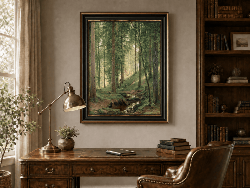 Framed hand-painted forest path oil painting with a quiet stream and fallen woodland logs displayed above a traditional home office desk.