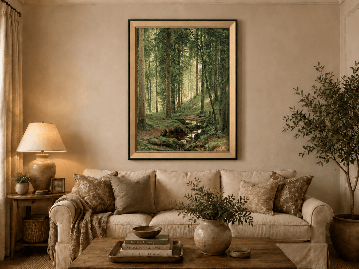 Framed hand-painted forest path oil painting with a quiet stream and fallen woodland logs displayed above a neutral living room sofa.