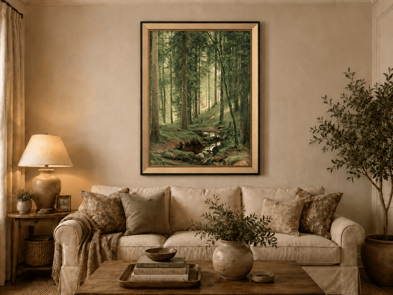 Framed hand-painted forest path oil painting with a quiet stream and fallen woodland logs displayed above a neutral living room sofa.