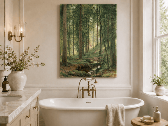 Unframed hand-painted forest path oil painting with a quiet stream and fallen woodland logs displayed above a freestanding bathtub.