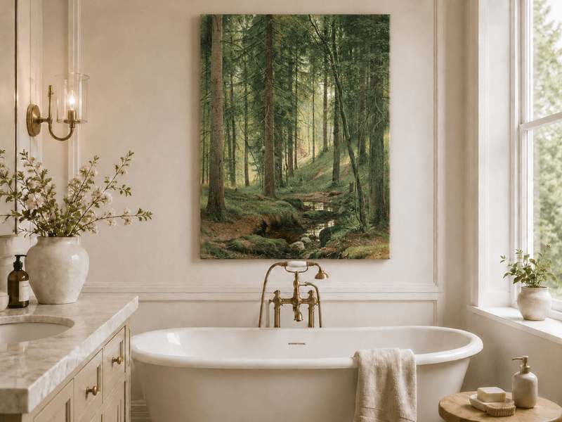 Unframed hand-painted forest path oil painting with a quiet stream and fallen woodland logs displayed above a freestanding bathtub.