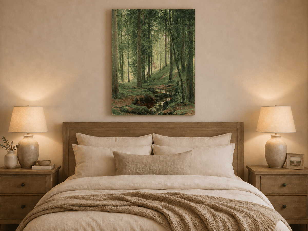 Unframed hand-painted forest path oil painting with a quiet stream and fallen woodland logs displayed above a wooden bed in a neutral bedroom.