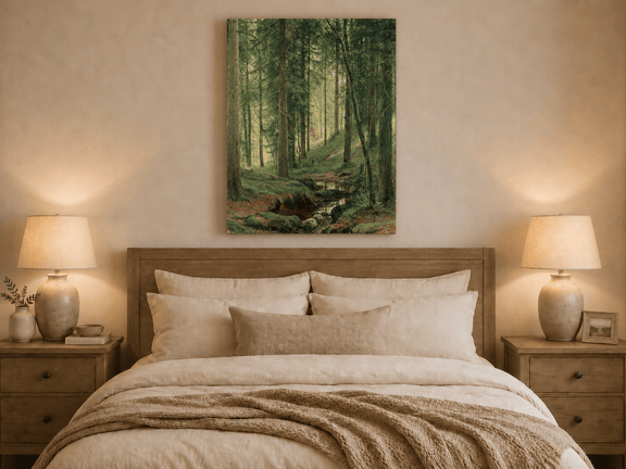 Unframed hand-painted forest path oil painting with a quiet stream and fallen woodland logs displayed above a wooden bed in a neutral bedroom.
