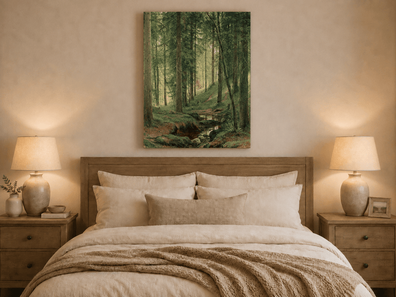 Unframed hand-painted forest path oil painting with a quiet stream and fallen woodland logs displayed above a wooden bed in a neutral bedroom.