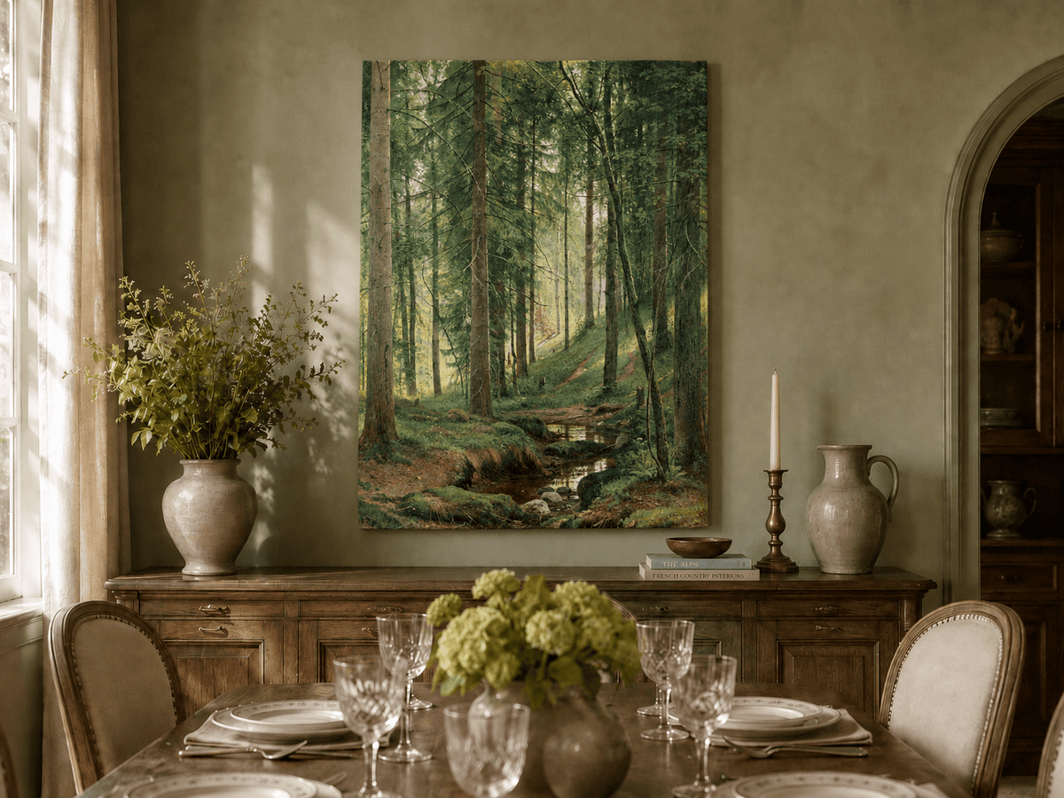 Unframed hand-painted forest path oil painting with a quiet stream and fallen woodland logs displayed above a formal dining table.
