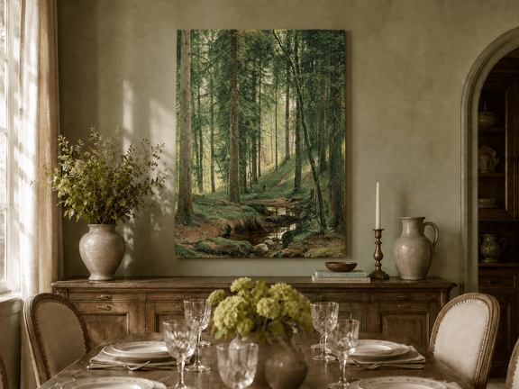 Unframed hand-painted forest path oil painting with a quiet stream and fallen woodland logs displayed above a formal dining table.