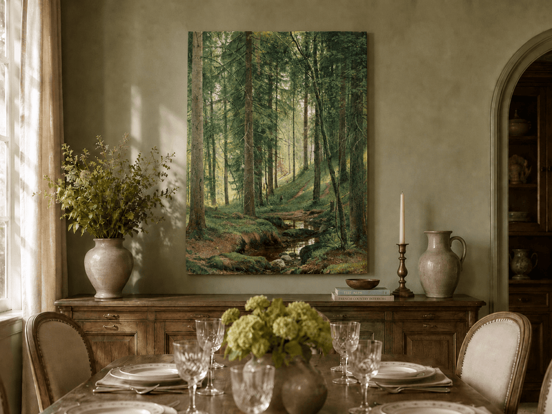 Unframed hand-painted forest path oil painting with a quiet stream and fallen woodland logs displayed above a formal dining table.