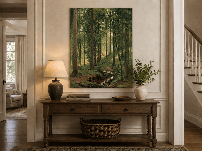 Unframed hand-painted forest path oil painting with a quiet stream and fallen woodland logs displayed above an entryway console table.