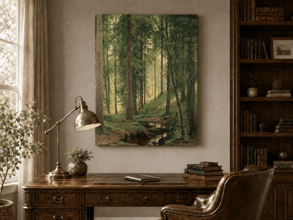Unframed hand-painted forest path oil painting with a quiet stream and fallen woodland logs displayed above a traditional home office desk.