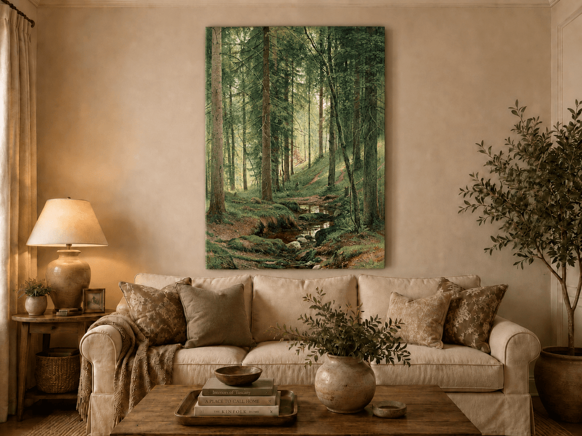 Unframed hand-painted forest path oil painting with a quiet stream and fallen woodland logs displayed above a neutral living room sofa.