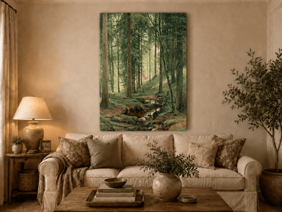 Unframed hand-painted forest path oil painting with a quiet stream and fallen woodland logs displayed above a neutral living room sofa.
