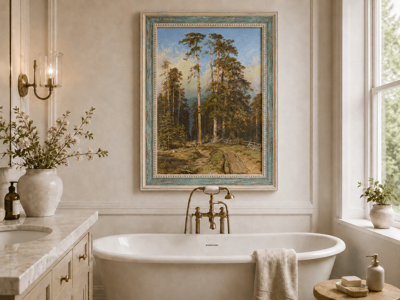 Framed hand-painted forest path oil painting with tall pine trees and a sandy trail displayed above a freestanding bathtub.