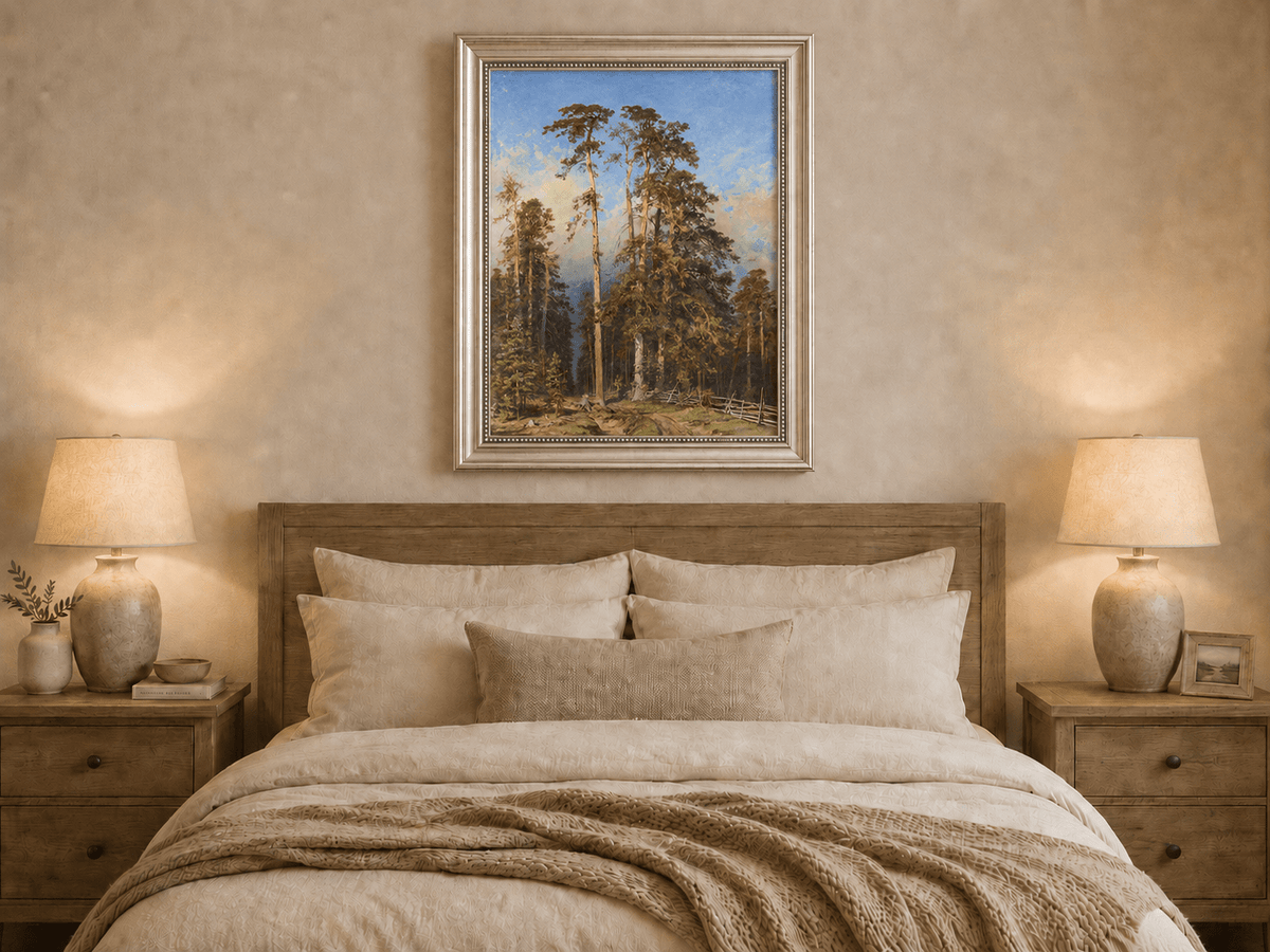Framed hand-painted forest path oil painting with tall pine trees and a sandy trail displayed above a wooden bed in a neutral bedroom.