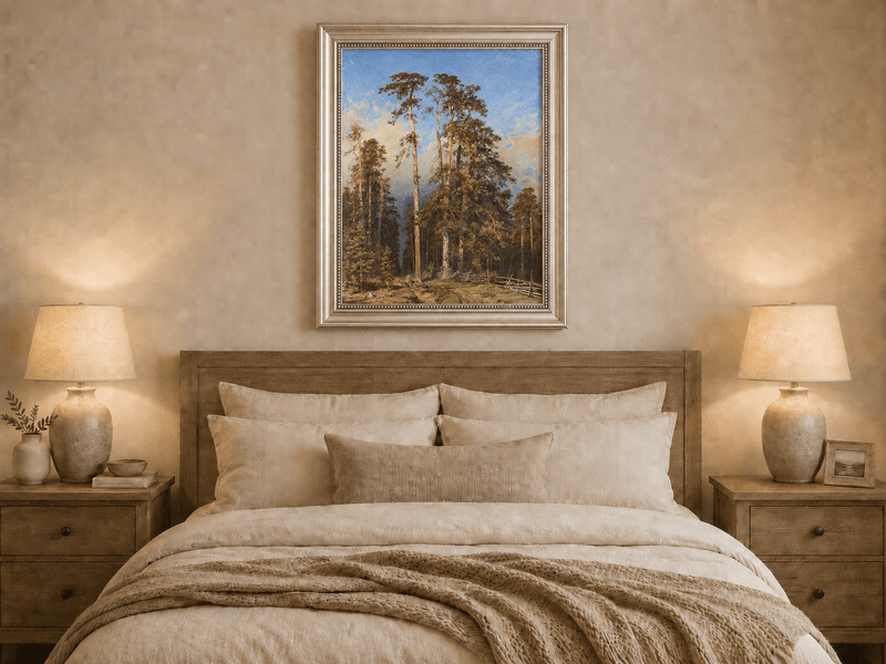 Framed hand-painted forest path oil painting with tall pine trees and a sandy trail displayed above a wooden bed in a neutral bedroom.