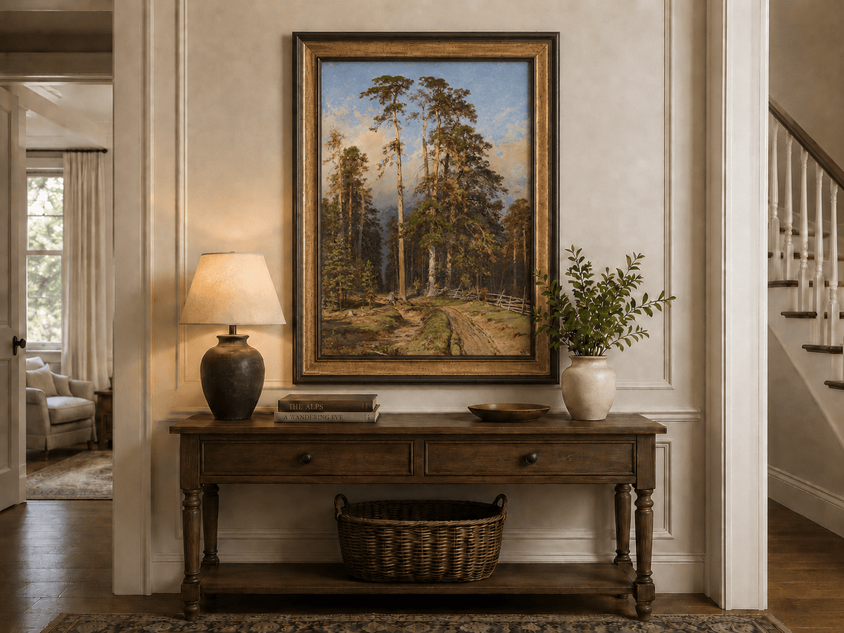Framed hand-painted forest path oil painting with tall pine trees and a sandy trail displayed above an entryway console table.