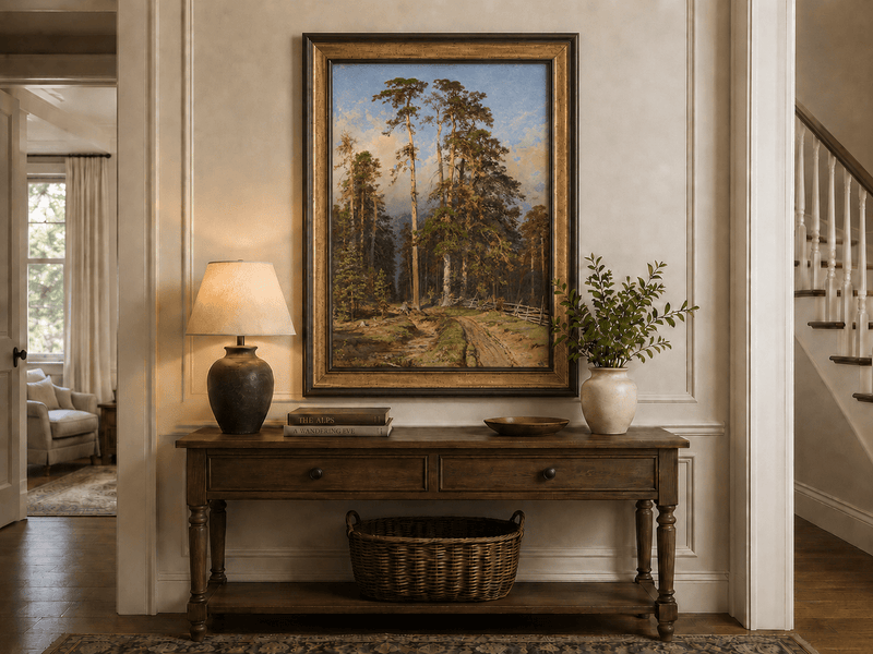 Framed hand-painted forest path oil painting with tall pine trees and a sandy trail displayed above an entryway console table.