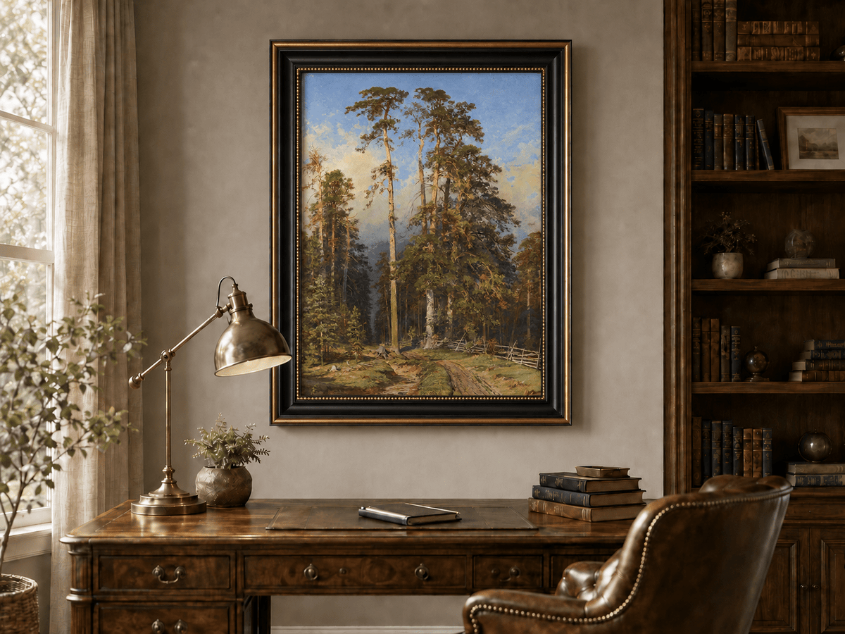 Framed hand-painted forest path oil painting with tall pine trees and a sandy trail displayed above a traditional home office desk.