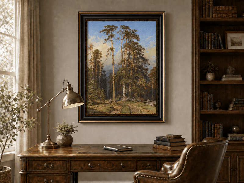 Framed hand-painted forest path oil painting with tall pine trees and a sandy trail displayed above a traditional home office desk.