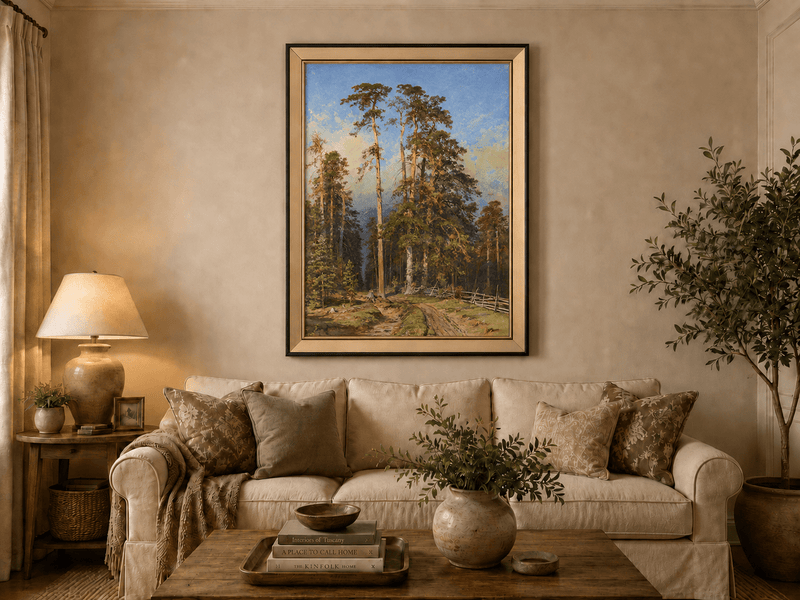 Framed hand-painted forest path oil painting with tall pine trees and a sandy trail displayed above a neutral living room sofa.