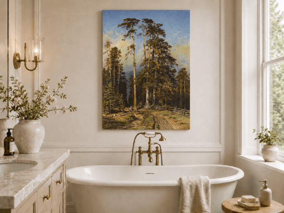 Unframed hand-painted forest path oil painting with tall pine trees and a sandy trail displayed above a freestanding bathtub.