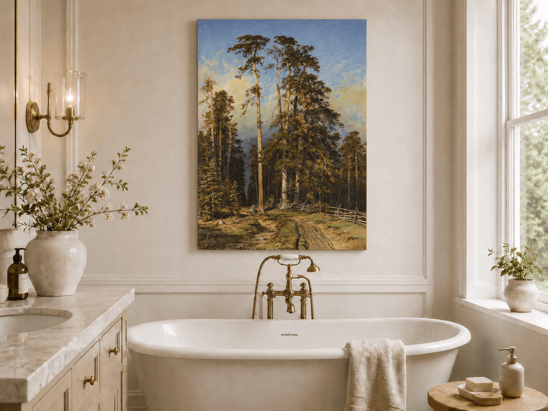 Unframed hand-painted forest path oil painting with tall pine trees and a sandy trail displayed above a freestanding bathtub.