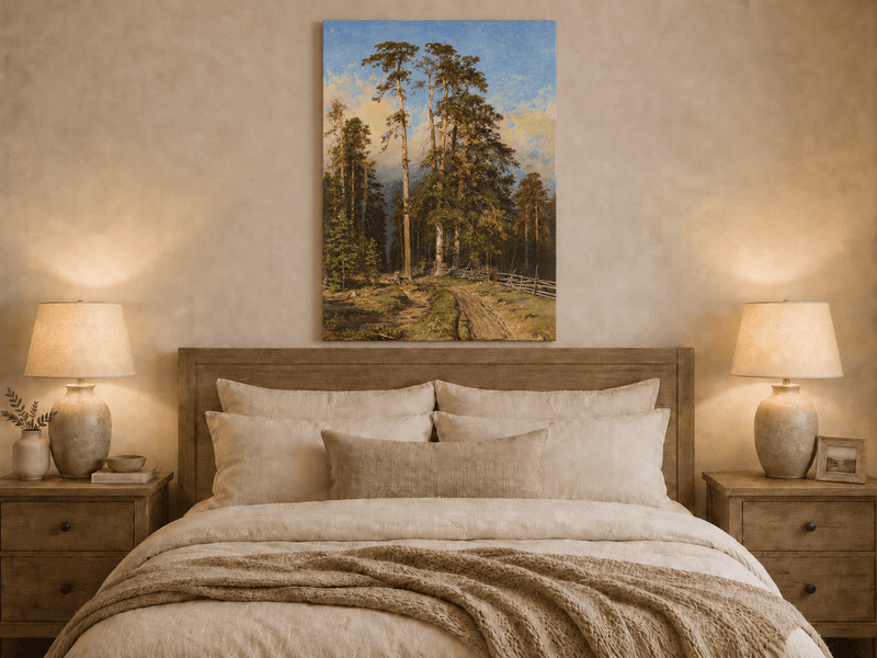 Unframed hand-painted forest path oil painting with tall pine trees and a sandy trail displayed above a wooden bed in a neutral bedroom.