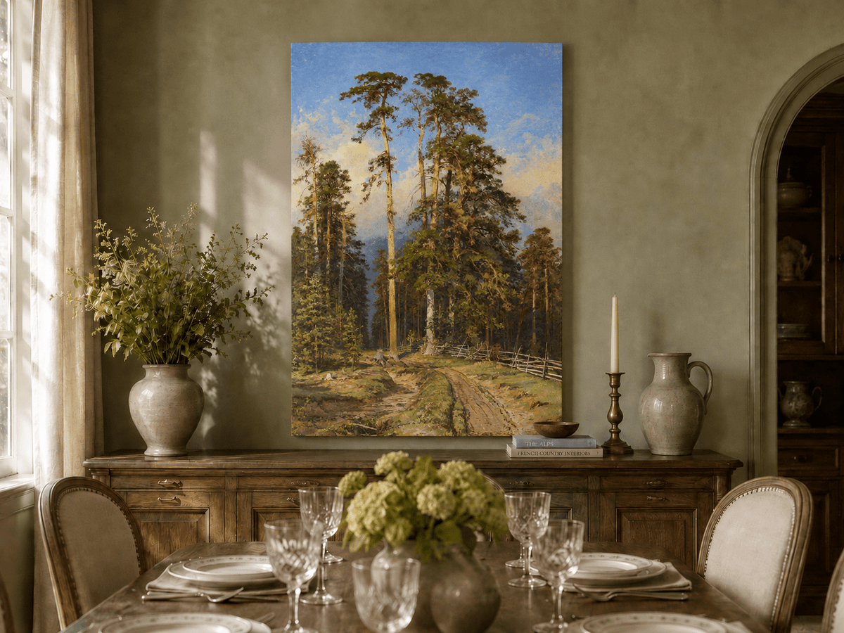 Unframed hand-painted forest path oil painting with tall pine trees and a sandy trail displayed above a formal dining table.