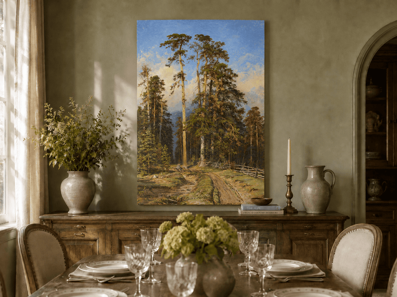 Unframed hand-painted forest path oil painting with tall pine trees and a sandy trail displayed above a formal dining table.
