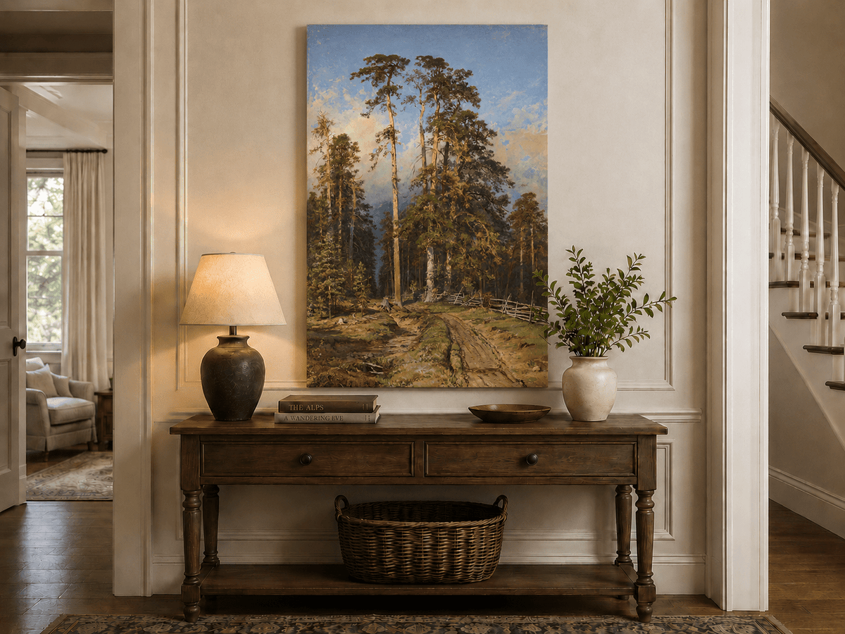 Unframed hand-painted forest path oil painting with tall pine trees and a sandy trail displayed above an entryway console table.
