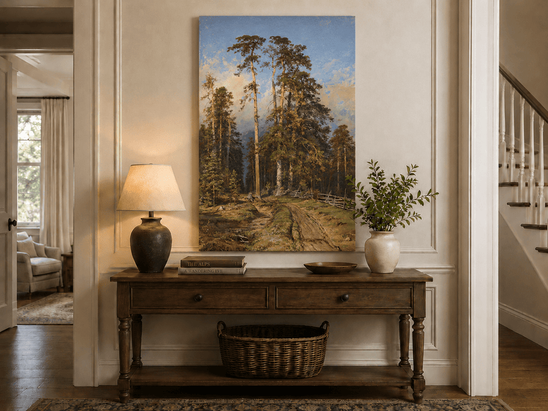 Unframed hand-painted forest path oil painting with tall pine trees and a sandy trail displayed above an entryway console table.