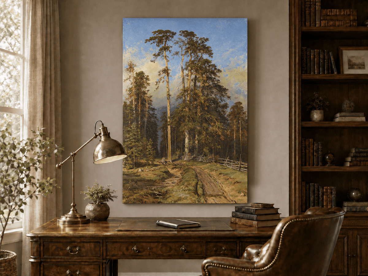 Unframed hand-painted forest path oil painting with tall pine trees and a sandy trail displayed above a traditional home office desk.